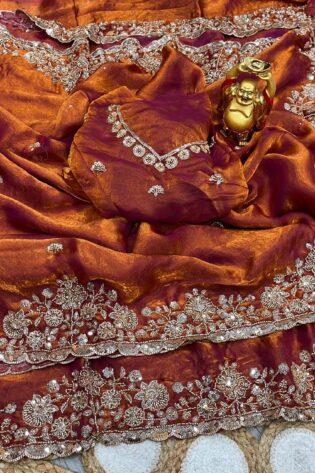 Gold Cutdana Beads & Sequins Embroidered Partywear Shimmer Fendi Satin Space Silk Saree