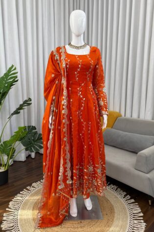 Designer 3pcs Anarkali Suit in Fendy Silk Fabric with Sequins & Thread Embroidery Work (M to XXL Set of 4)